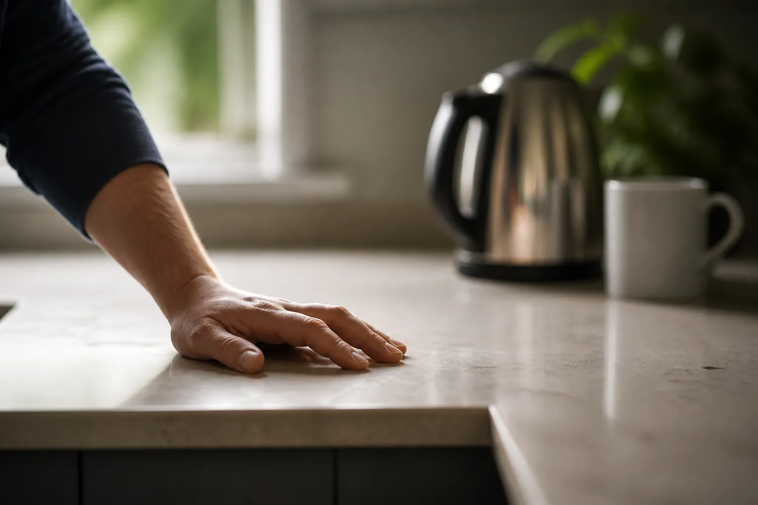 A hand on a kitchen worktop for balance