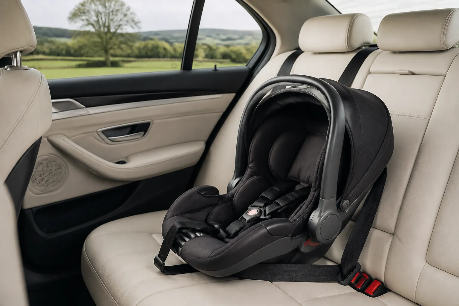 An infant car seat in the back of a car