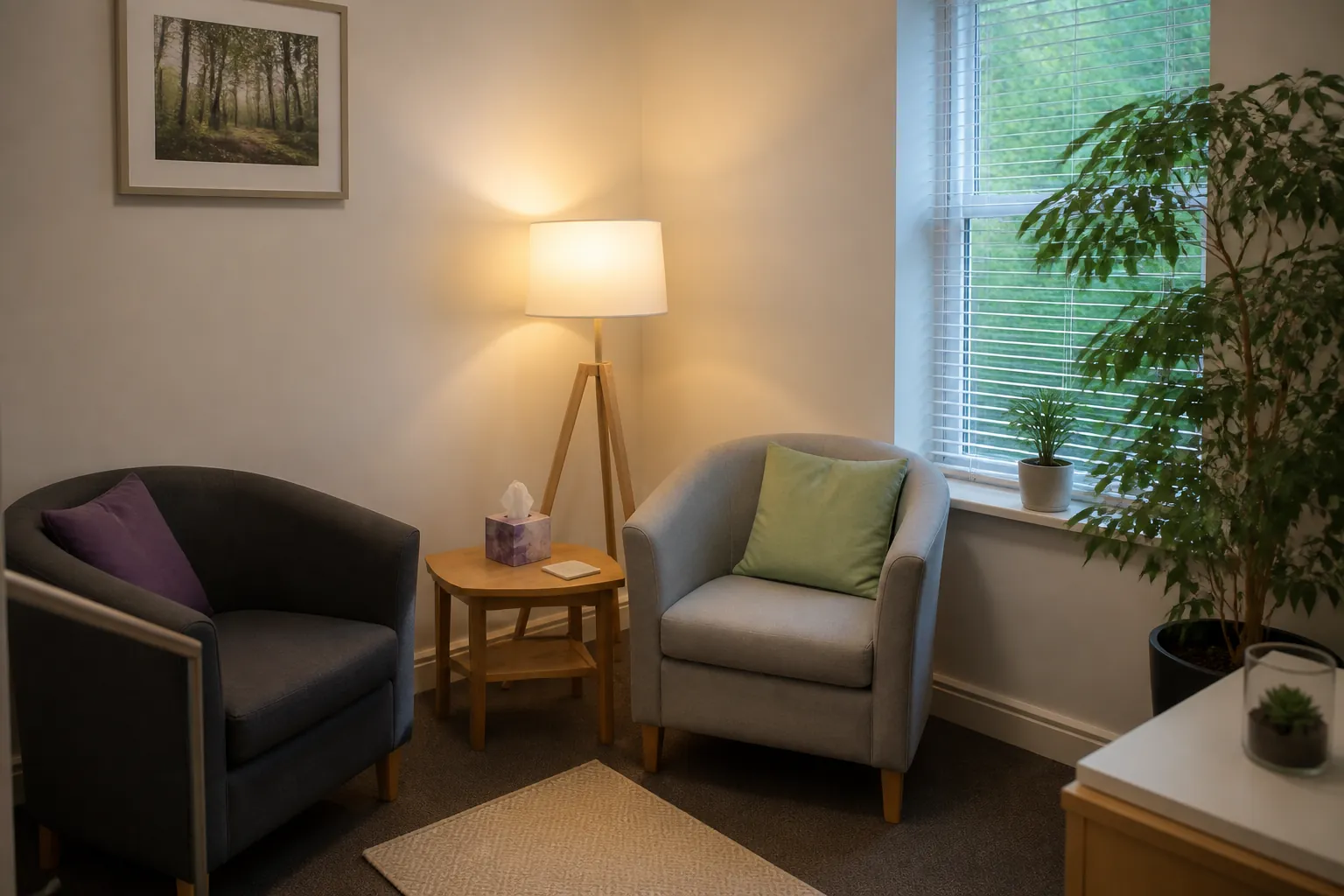 A quiet counselling room with two chairs