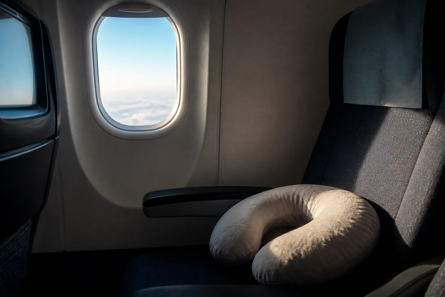 An aircraft seat and a neck pillow by the window