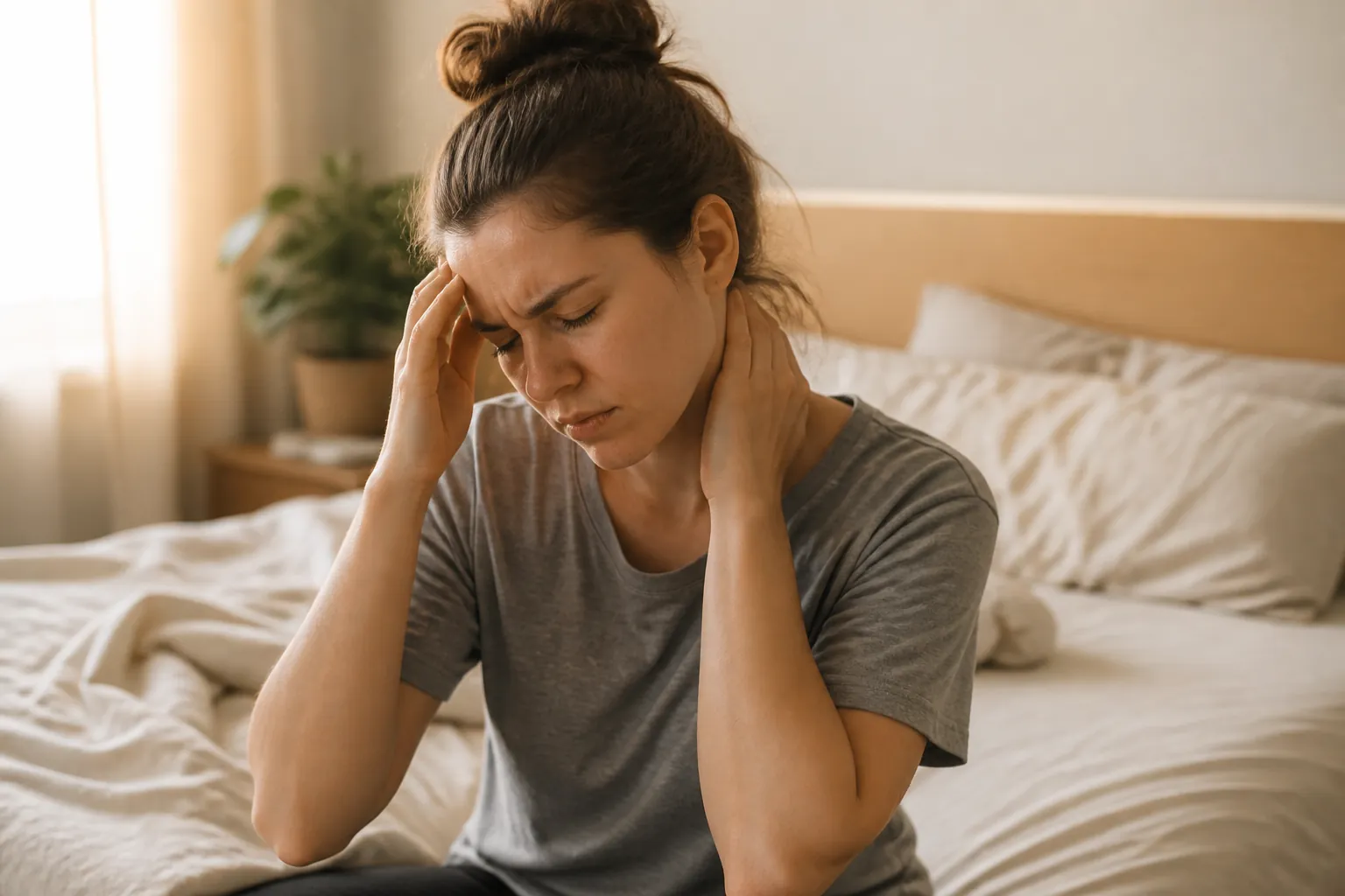 A person with a headache in morning light
