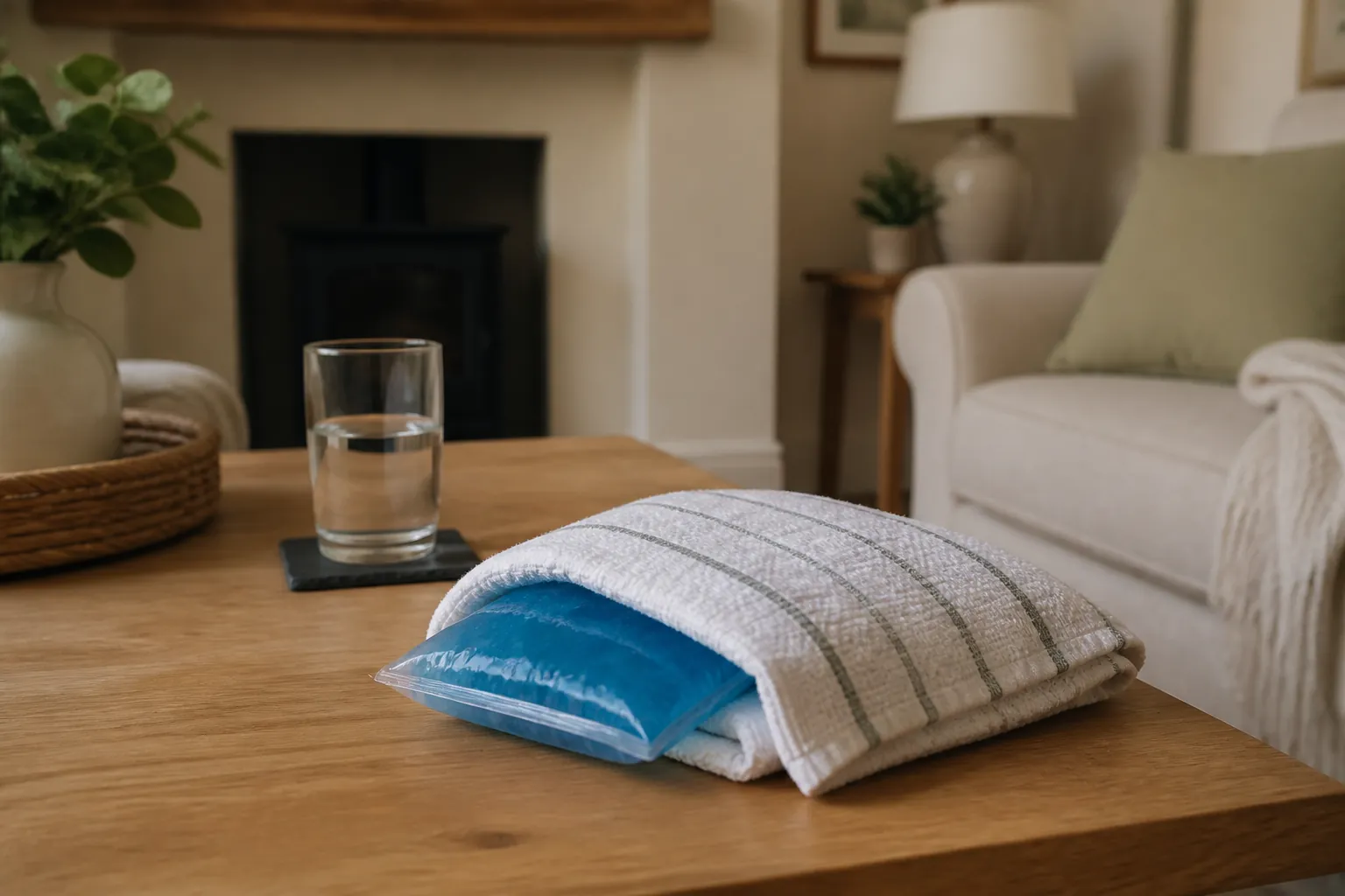 An ice pack wrapped in a tea towel