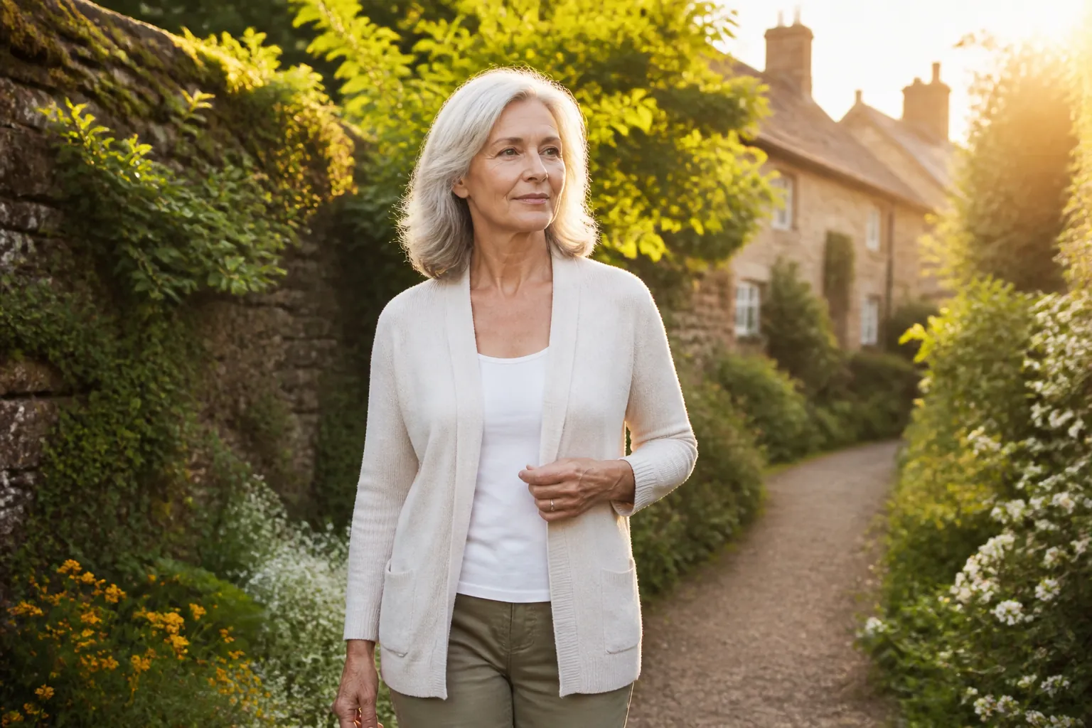 A woman walking in a still English garden