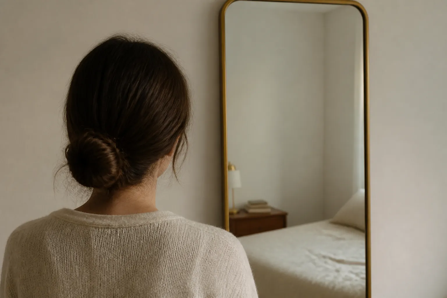 Looking into a tall mirror, from behind