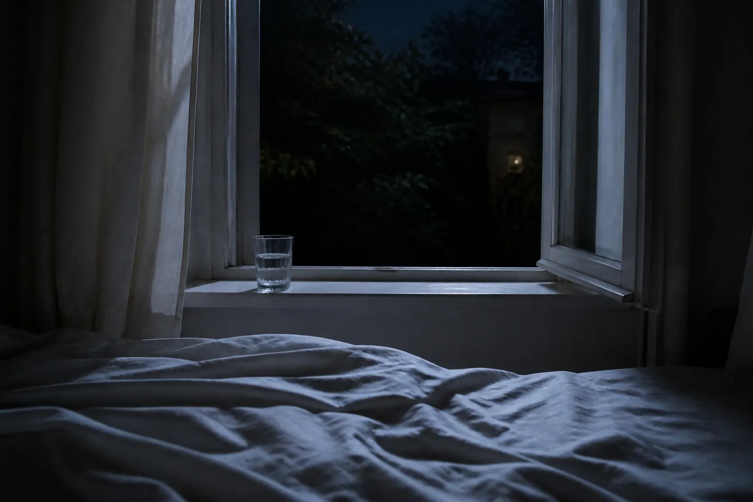 An open window at night beside rumpled linen
