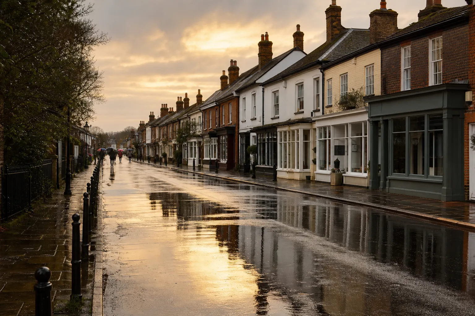 A quiet Hampshire street after rain