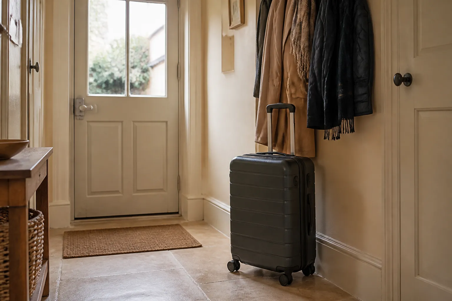 A cabin bag waiting in a hallway